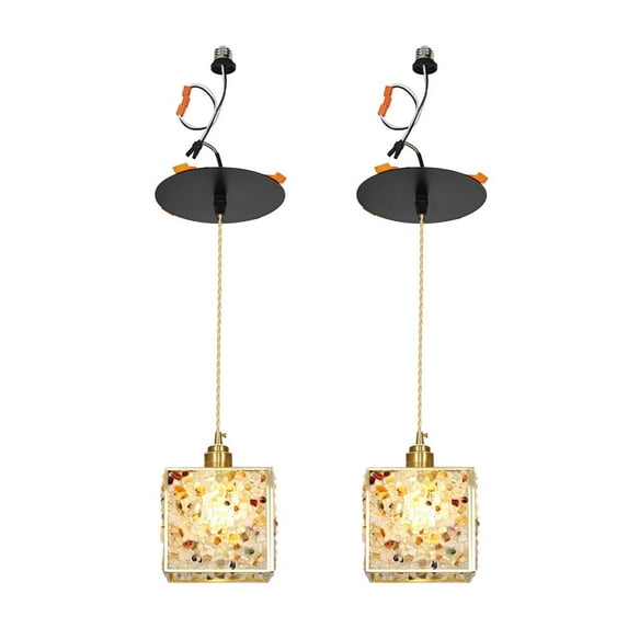 KAYYELAMP 2-Pack Modern Handmade White Crystal Square Shade Recessed Retrofit Pendant Lighting Conversion Kit E26 Power Connector 3.2 Ft Adjusted Cord Hanging Lamp for Hallway Farmhouse