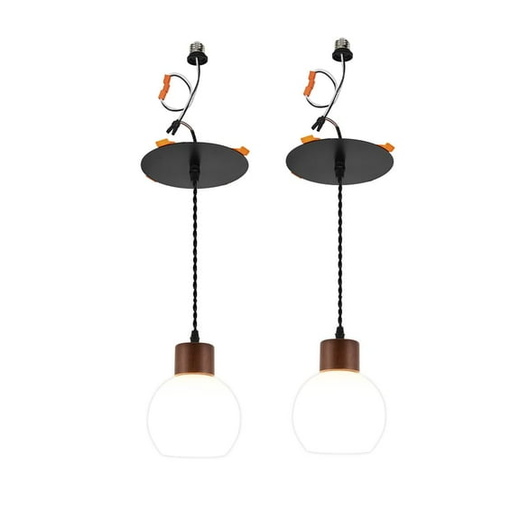 KAYYELAMP 2 Pcs Recessed Light Conversion Kit for E26 Recessed Mount Cans Walnut Base White Glass Ball Shade Hanging Light Vintage Design for Kitchen Corridor Office(No Bulb)