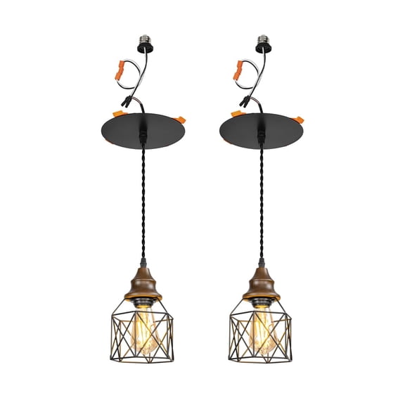 KAYYELAMP 2 Pcs Recessed Retrofit Pendant Conversion Kit E26 Power Connector 3.2 Ft Adjusted Cord E26 Walnut Base Black Cage Shade Hanging Light Vintage Decor