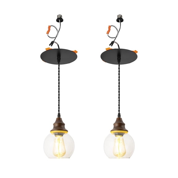 KAYYELAMP 2 Pcs Recessed Retrofit Pendant Conversion Kit E26 Power Connector 3.2 Ft Adjusted Cord E26 Walnut Base Clear Glass Ball Shade Hanging Light Vintage Decor