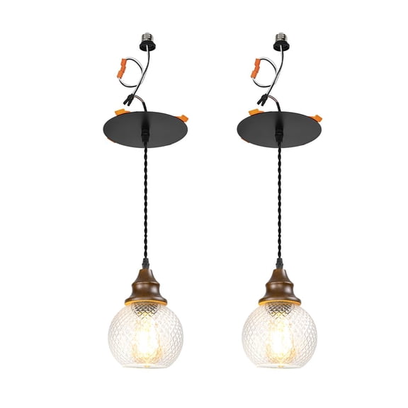 KAYYELAMP 2 Pcs Recessed Retrofit Pendant Conversion Kit E26 Power Connector 3.2 Ft Adjusted Cord E26 Walnut Base Clear Glass Ball Shade Hanging Light Retro Decor