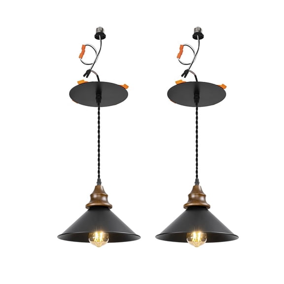 KAYYELAMP 2 Pcs Recessed Retrofit Pendant Conversion Kit E26 Power Connector 3.2 Ft Adjusted Cord E26 Walnut Base Dia 10.2" Black Metal Shade Hanging Light Vintage Decor