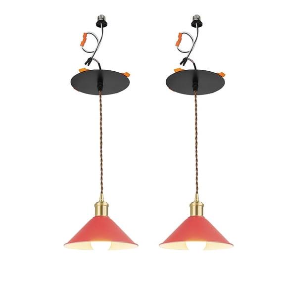 KAYYELAMP 2 Pcs Recessed Retrofit Pendant Conversion Kit E26 Power Connector 3.2 Ft Adjusted Cord Modern Design Red Metal Shade Brass Base Hanging Light for Home Office(No Bulb)