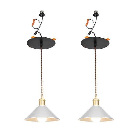KAYYELAMP 2 Pcs Recessed Retrofit Pendant Conversion Kit E26 Power Connector 3.2 Ft Adjusted Cord Modern Design Silver Metal Shade Brass Base Hanging Light for Home Office(No Bulb)