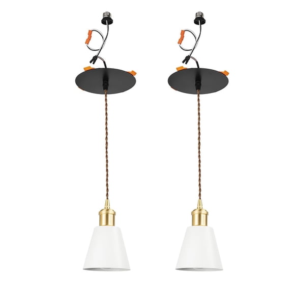 KAYYELAMP 2 Pcs Recessed Retrofit Pendant Conversion Kit E26 Power Connector 3.2 Ft Adjusted Cord Modern Style White Mini Shade Brass Base Hanging Light for Home Office(No Bulb)