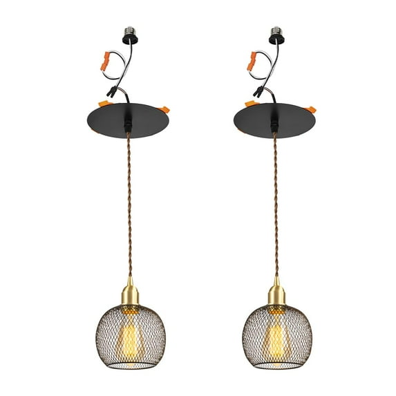 KAYYELAMP 2 PcsRecessed Retrofit Pendant Lighting Conversion Kit E26 Power Connector 3.2 Ft Adjusted Cord Black Round Hollow Shade Nordic Style Hanging Light for Kitchen Farmhouse