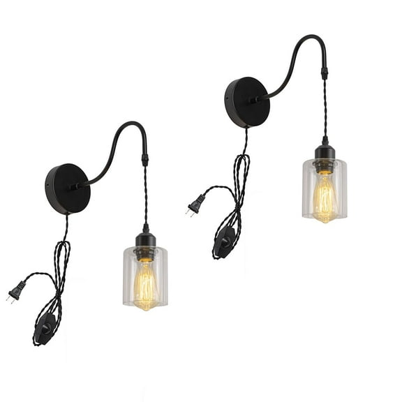 KAYYELAMP 2Pcs Corded Adjustable Gooseneck Metal Wall Sconce 9.8Ft Dimmer Cable Modern Design Columnar Glass Shade Wall Lighting for Bedroom Kitchen Farmhouse Bar