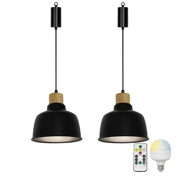 KAYYELAMP 2Pcs Rechargeable Battery Adjusted Height Hanging Light Remote LED Dimmer Timing Bulb Log Wood Base Black Shade Retro Design for Bedroom Kitchen Farmhouse