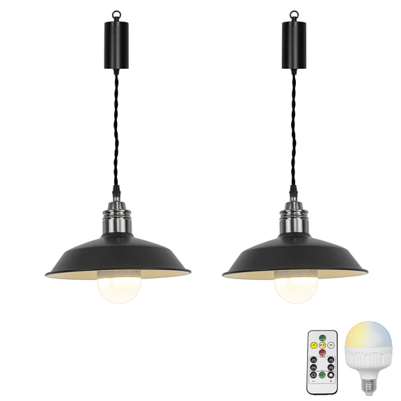 KAYYELAMP 2Pcs Rechargeable Battery Adjusted Height Hanging Light Remote LED Dimmer Timing Bulb Pearl Black Base Black Shade Retro Design for Depot Kitchen Farmhouse