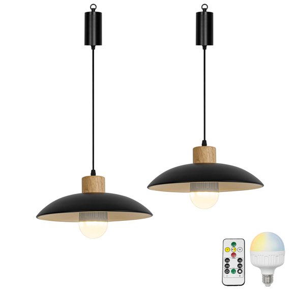 KAYYELAMP 2Pcs Rechargeable Battery Adjusted Height Hanging Light Remote LED Dimmer Timing Bulb Wood Base Black 12.2" Dia Shade Retro Design for Depot Kitchen Farmhouse