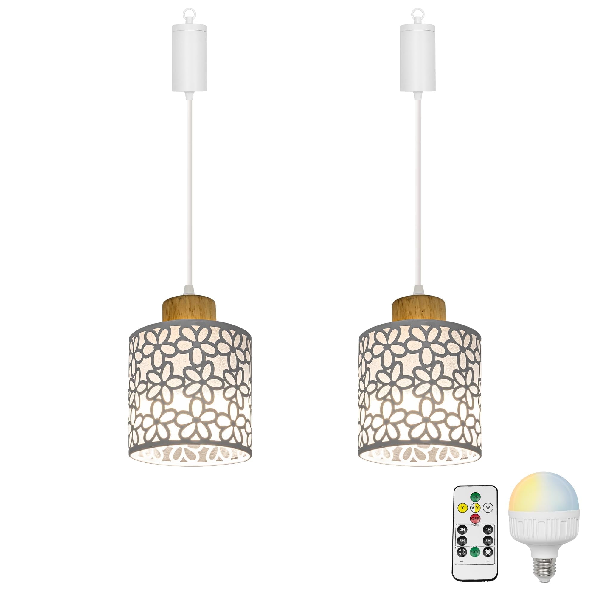 KAYYELAMP 2Pcs Rechargeable Battery Adjusted Height Hanging Light Remote LED Dimmer Timing Bulb Wood Base Petal Pattern Shade Modern Design for Depot Kitchen Farmhouse