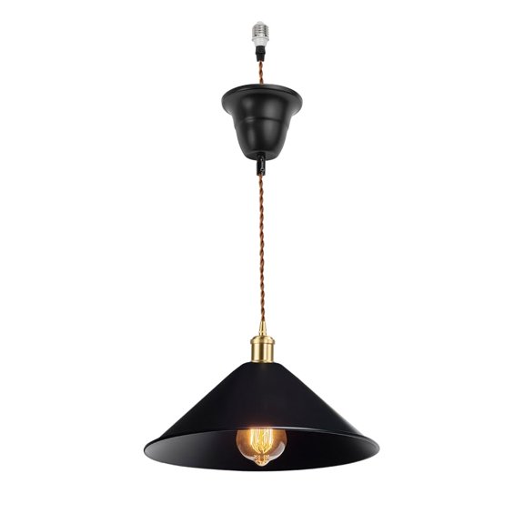 KAYYELAMP 3.2ft Adjustable Cord E26 Connection Modern Design Black Dia 11.81" Metal Shade Brass Base Hanging Light for Restaurant Home Office(No Bulb)