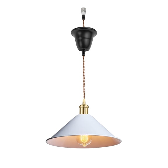 KAYYELAMP 3.2ft Adjustable Cord E26 Connection Modern Design White Dia 11.81" Metal Shade Brass Base Hanging Light for Restaurant Home Office(No Bulb)