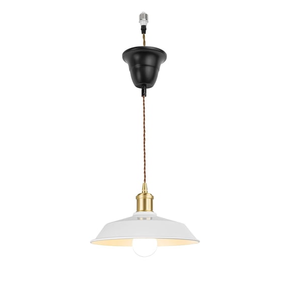 KAYYELAMP 3.2ft Adjustable Cord E26 Connection Replacement Hanging Light Brass Base Dia 10.2" White Metal Shade Minimalist Pendant for Farmhouse Home Store(No Bulb)