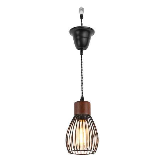 KAYYELAMP 3.2ft Adjustable Cord E26 Connection Replacement Hanging Light Brown Wood Base Mini Cage Shade Vintage Hanging Light for Farmhouse Home Store(No Bulb)