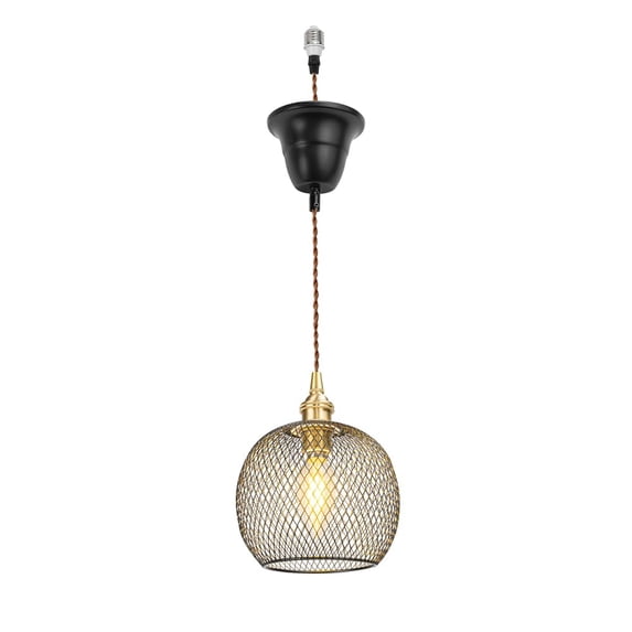 KAYYELAMP 3.2ft Adjustable Cord E26 Connection Replacement Pendant E12 Mini Brass Base Black Hollow Rounded Shade Retro Hanging Light for Kitchen Farmhouse 1 Pcs(No Bulb)