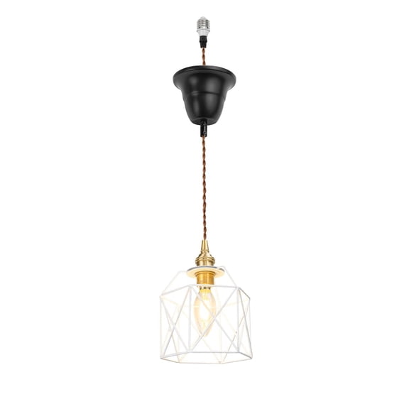 KAYYELAMP 3.2ft Adjustable Cord E26 Connection Replacement Pendant E12 Mini Brass Base White Cage Shade Retro Hanging Light for Kitchen Farmhouse 1 Pcs(No Bulb)