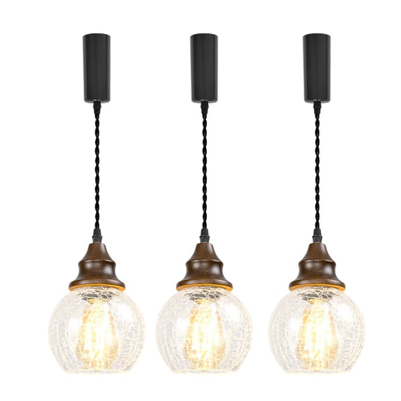 KAYYELAMP 3.2ft Adjustable Cord H-Type Track Pendant E26 Walnut Base Crack Glass Ball Shade Hanging Light Retro Decor for Kitchen Home Office 3 Pcs(No Bulb, Track)