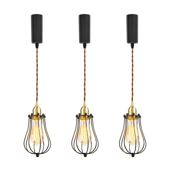 KAYYELAMP 3.2ft Adjustable Cord J-Type Track Pendant E26 Brass Base Black Hollow Cage Shade Nordic Style Hanging Light for Kitchen Home Office Modern Decor 3 Pcs(No Bulb, Track)