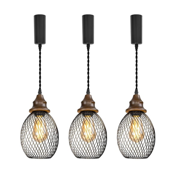 KAYYELAMP 3.2ft Adjustable Cord J-Type Track Pendant E26 Walnut Base Black Hollow Shade Hanging Light Retro Decor for Kitchen Home Office 3 Pcs(No Bulb, Track)