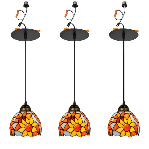 KAYYELAMP 3 Lights Colorful Glass Sunflowers Lampshade Handmade Recessed Light Conversion Kit For E26 Recessed Mount Cans Tiffany Pendant Light Ideal For Kitchen Farmhouse Home