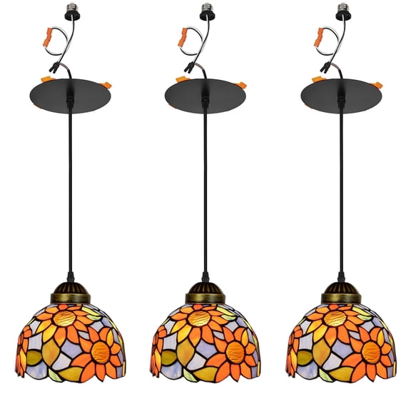 KAYYELAMP 3 Lights Colorful Glass Sunflowers Pattern Shade Handmade Recessed Light Conversion Kit For E26 Recessed Mount Cans Tiffany Pendant Light Ideal For Kitchen Farmhouse Home
