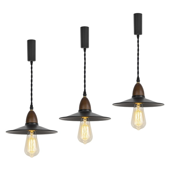 KAYYELAMP 3-Lights H-Type Track Light Walnut Base,Black Metal Shade,Adjusted Cord,Track Pendant Light for Kitchen Dining Table Loft,Bar(No Bulb, Track)