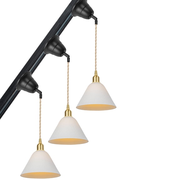 KAYYELAMP 3-Lights J Type White Ceramics Shade Slope Position Roof Track Light E12 Base 3.2 Feet Adjustable Cord Pendant Modern Design for Tilt Position(No Bulb, Track)