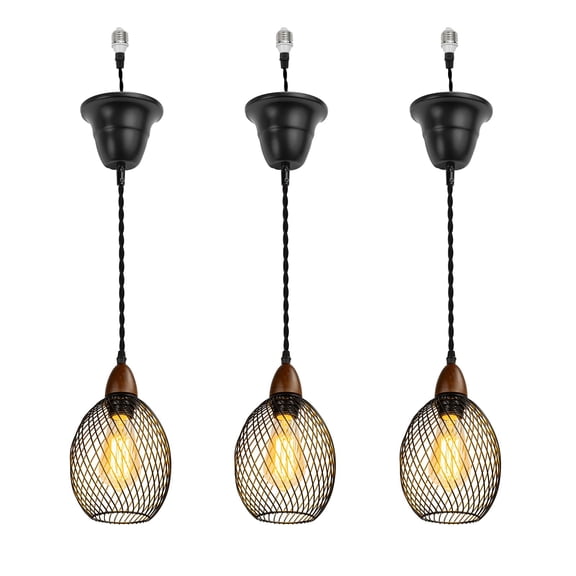KAYYELAMP 3-Pack Adjusted 3.2ft Wire Hanging Light Black Metal Hollow Shade Walnut Base E26 Connection Simple Pendant Lamp Replacement Downlight For Kitchen Stairs(No Bulb)