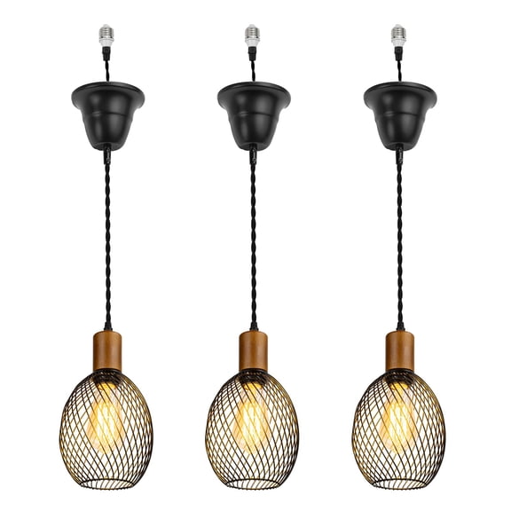 KAYYELAMP 3-Pack Adjusted 3.2ft Wire Hanging Light Black Metal Hollow Shade Walnut Base E26 Connection Vintage Pendant Lamp Replacement Downlight For Kitchen Stairs(No Bulb)