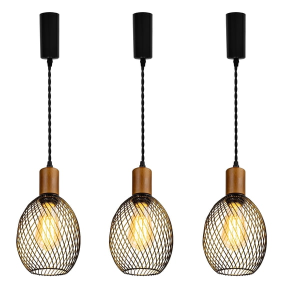 KAYYELAMP 3-Pack Adjusted 3.9ft Cord H-Type Track Mount Pendant Walnut Base Black Metal Oval Cut-Out Shade Vintage Design For Kitchen Restaurant Bar(No Track)