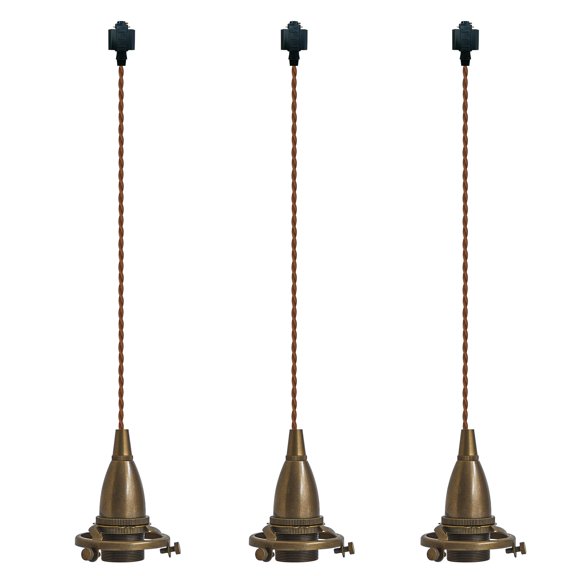 KAYYELAMP 3-Pack Antique Copper Mini E14 Base with Decor Ring H-Type Track Light 3.2Ft Twisted Cord Length Industrial Style Pendant for Kitchen Bar Store(No Bulb, Track)