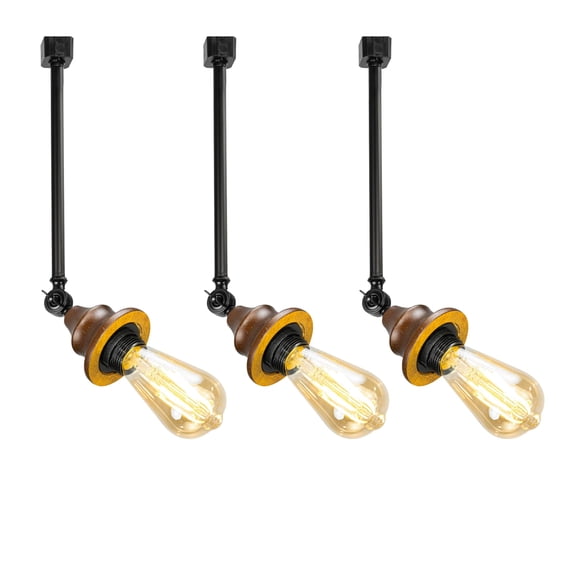 KAYYELAMP 3-Pack Black Metal 16.1" Height Track Light Walnut Base J-Type Adjustable Angle Lighting Vintage Style for Kitchen Living Room(No Bulb, Track)
