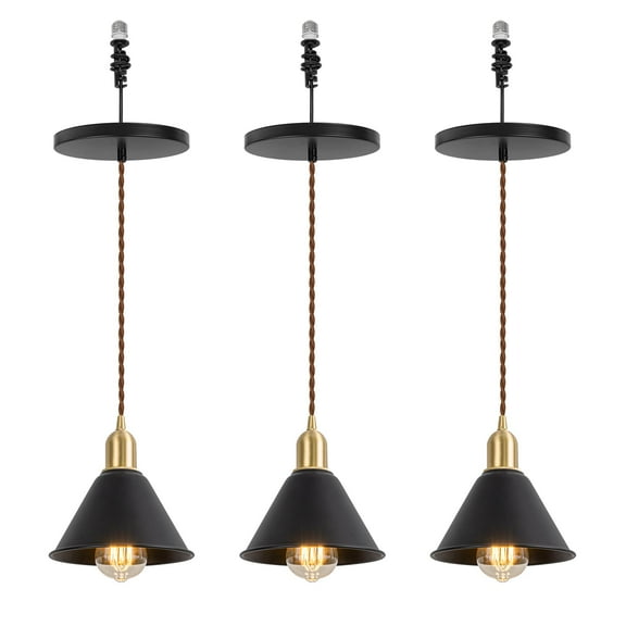 KAYYELAMP 3-Pack Black Metal Cone Shade Hanging Light E26 Brass Base Adjustable Height Droplight Retro Design Pendant Light for Bedroom Kitchen Island Sink Stairs