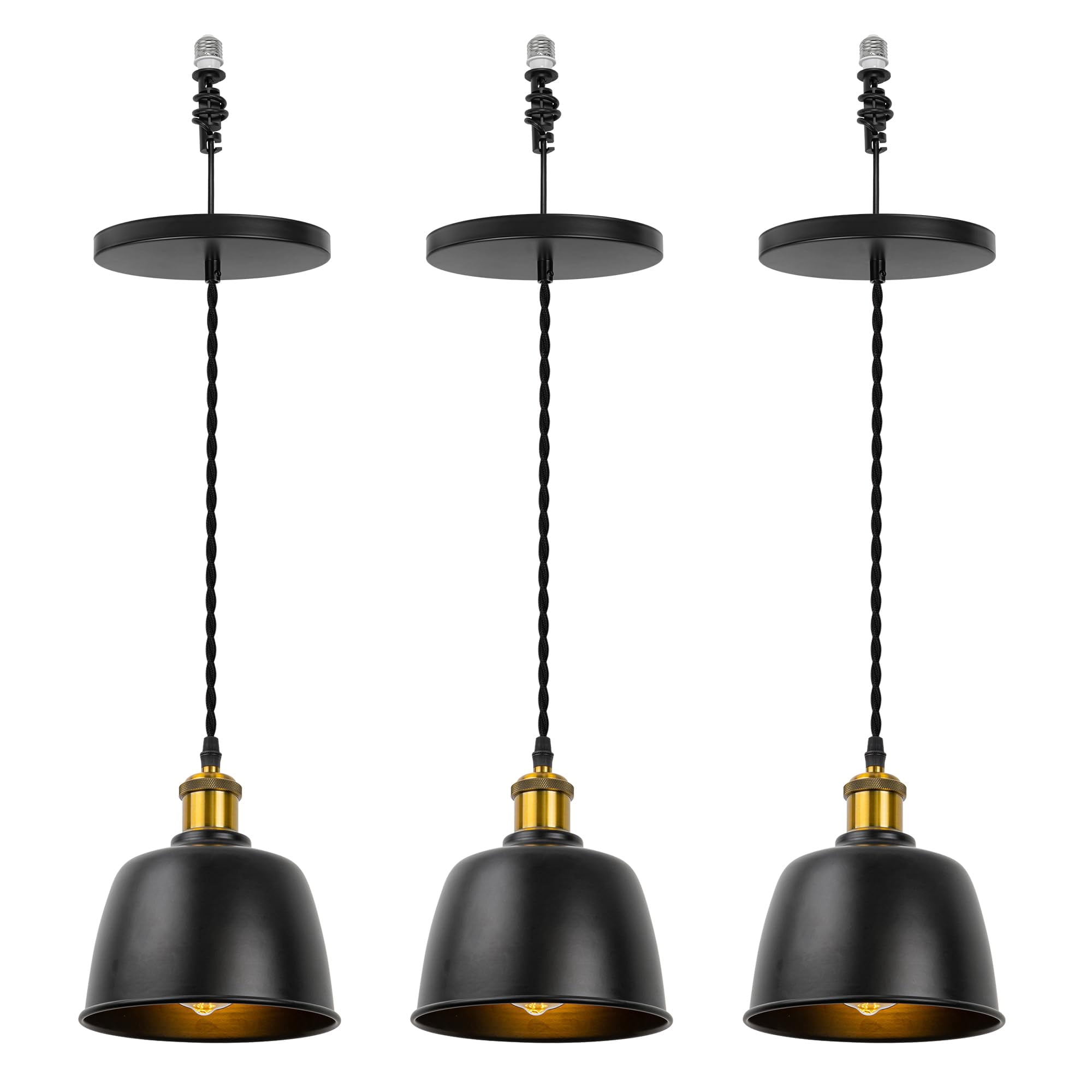 KAYYELAMP 3-Pack Black Metal Shade Hanging Light E26 Brass Finish Base Adjustable Height Droplight Vintage Design Pendant Light for Kitchen Island Sink Home