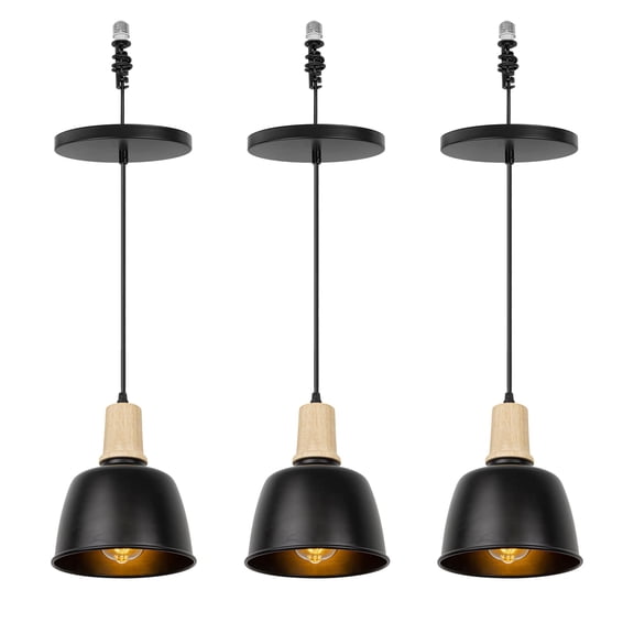 KAYYELAMP 3-Pack Black Metal Shade Hanging Light E26 Wood Base Adjustable Height Droplight Modern Design Pendant Light for Kitchen Island Sink Home