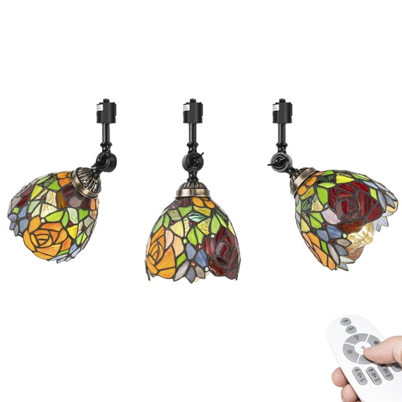 KAYYELAMP 3-Pack Dimmable Adjustable J-Type Track Lighting Head, Tiffany-Style with Colorful Rose Pattern Shade, E26 Vintage Ceiling Light for Hallway, Loft, Wall Wash(No Bulb, Track)