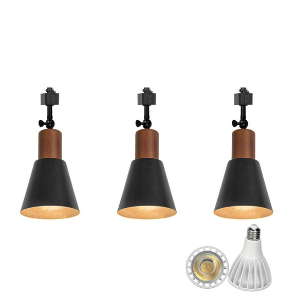 KAYYELAMP 3-Pack H System Adjustable Titl Angle Track Lighting Full Spectrum 6000K 25W Bulb Walnut Base Black Metal Shade Vintage Design for Farmhouse Kitchen Plant Rooms
