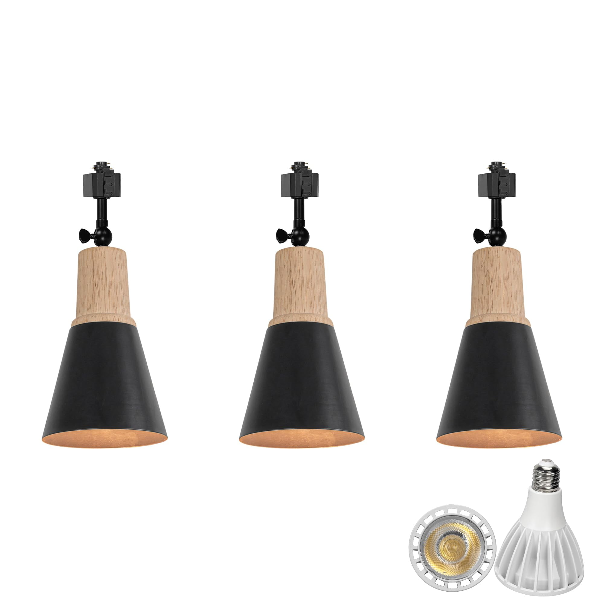 KAYYELAMP 3-Pack H System Adjustable Titl Angle Track Lighting Full Spectrum 6000K 25W Bulb Wood Base Black Metal Shade Vintage Design for Farmhouse Kitchen Plant Rooms