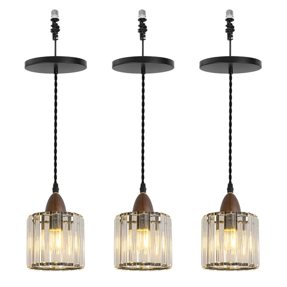 KAYYELAMP 3-Pack Hanging Light Crystal Lampshade Walnut Base E26 Connection Retro Design Pendant Lamp Replacement Downlight for Kitchen Dining Table Loft(No Bulb)