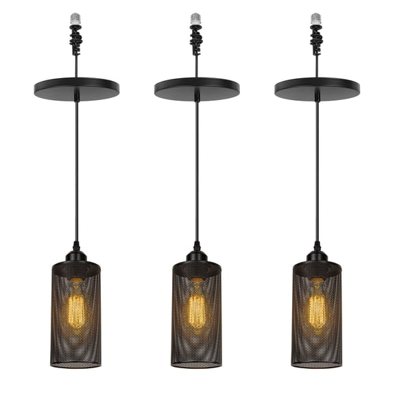 KAYYELAMP 3-Pack Hanging Light E26 Connection Black Column Hollow Iron Lampshade 3.2Ft Adjusted Cord Vintage Pendant Light Replacement Downlight for Kitchen Island Loft(No Bulb)