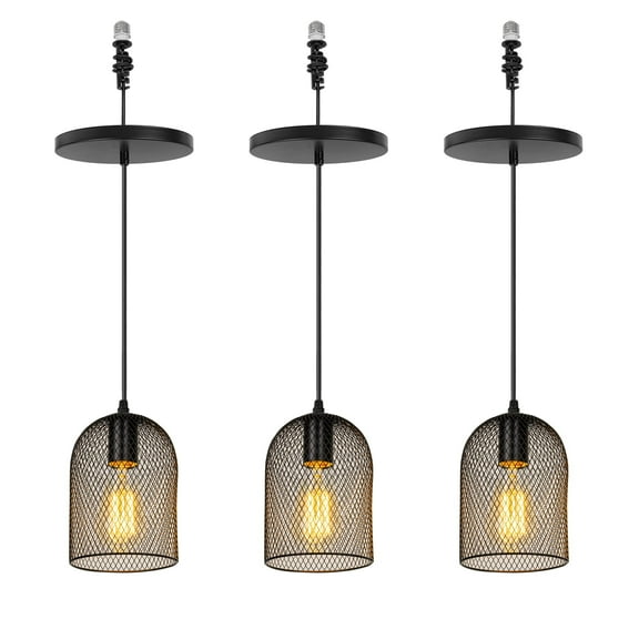 KAYYELAMP 3-Pack Hanging Light E26 Connection Black Hollow Iron Lampshade E12 Base 3.2Ft Adjusted Cord Vintage Pendant Light Replacement Downlight for Kitchen Island Loft(No Bulb)