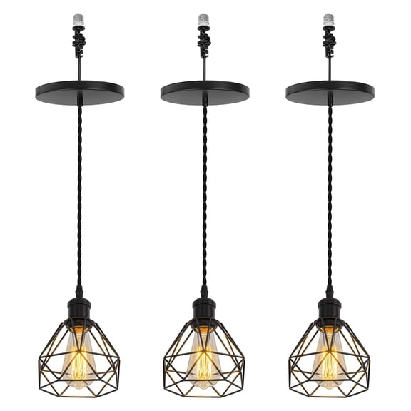 KAYYELAMP 3-Pack Hanging Light E26 Connection Black Metal Hollow Shade Retro Pendant Lamp Replacement Downlight for Kitchen Island Dining Table Loft(No Bulb)