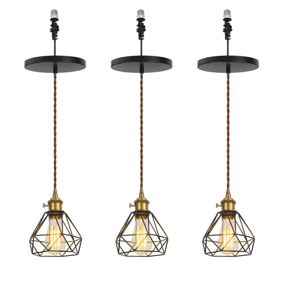 KAYYELAMP 3-Pack Hanging Light E26 Connection Gold Switch Base Metal Hollow Shade Retro Pendant Lamp Replacement Downlight for Kitchen Island Dining Table Loft(No Bulb)
