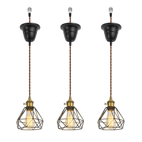 KAYYELAMP 3-Pack Hanging Light E26 Connection Gold Switch Base Metal Hollow Shade Retro Pendant Lamp Replacement Downlight for Kitchen Island Dining Table Stairs(No Bulb)