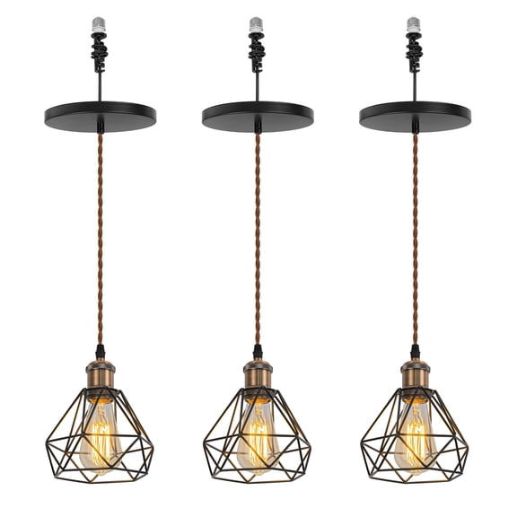 KAYYELAMP 3-Pack Hanging Light E26 Connection Red Copper Base Metal Hollow Shade Retro Pendant Lamp Replacement Downlight for Kitchen Island Dining Table Loft(No Bulb)
