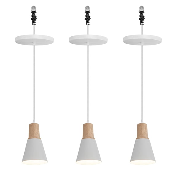 KAYYELAMP 3-Pack Hanging Light White Lampshade Wood Base E26 Connection Retro Pendant Lamp Replacement Downlight for Kitchen Island Sink Dining Table Loft(No Bulb)