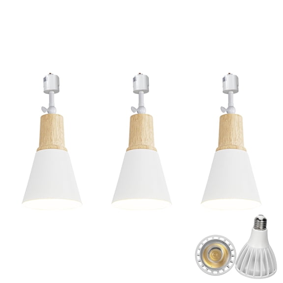 KAYYELAMP 3-Pack J System Adjustable Titl Angle Track Lighting Full Spectrum 6000K 25W Bulb Wood Base White Metal Shade Vintage Design for Farmhouse Kitchen Plant Rooms
