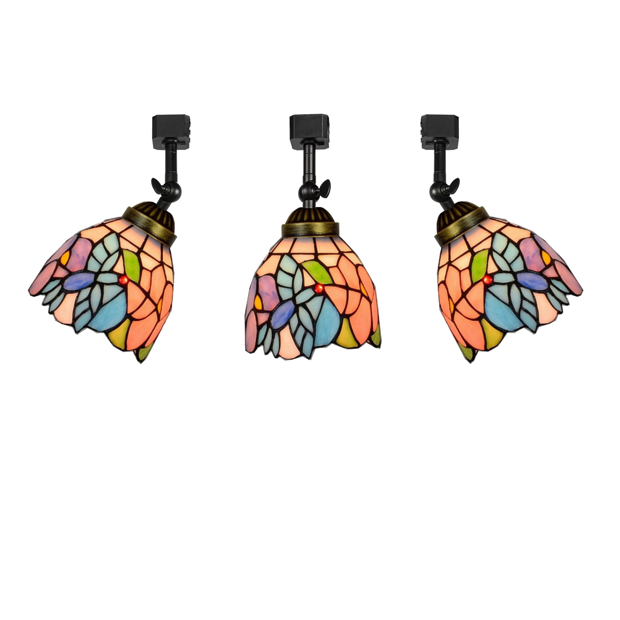 KAYYELAMP 3-Pack J-Type Track Head Lighting Adjustable Angle Tiffany Ceiling Light Bird Pattern Colorful Glass Shade Handmade Track Light Fixture For Gallery Mirror Front
