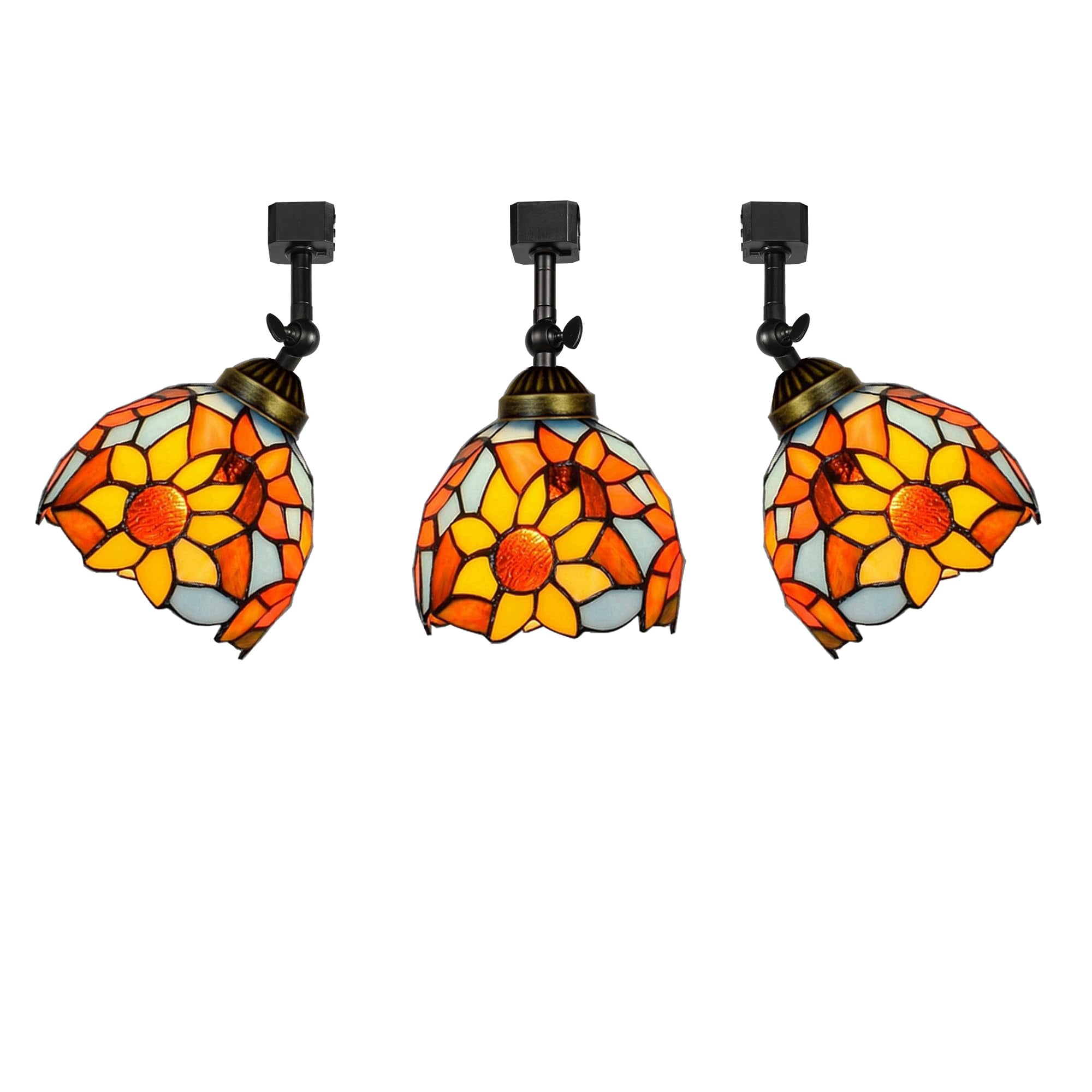 KAYYELAMP 3-Pack J-Type Track Head Lighting Adjustable Angle Tiffany Ceiling Light Colorful Glass Sunflowers Lampshade Handmade Track Light Fixture For Gallery Mirror Front